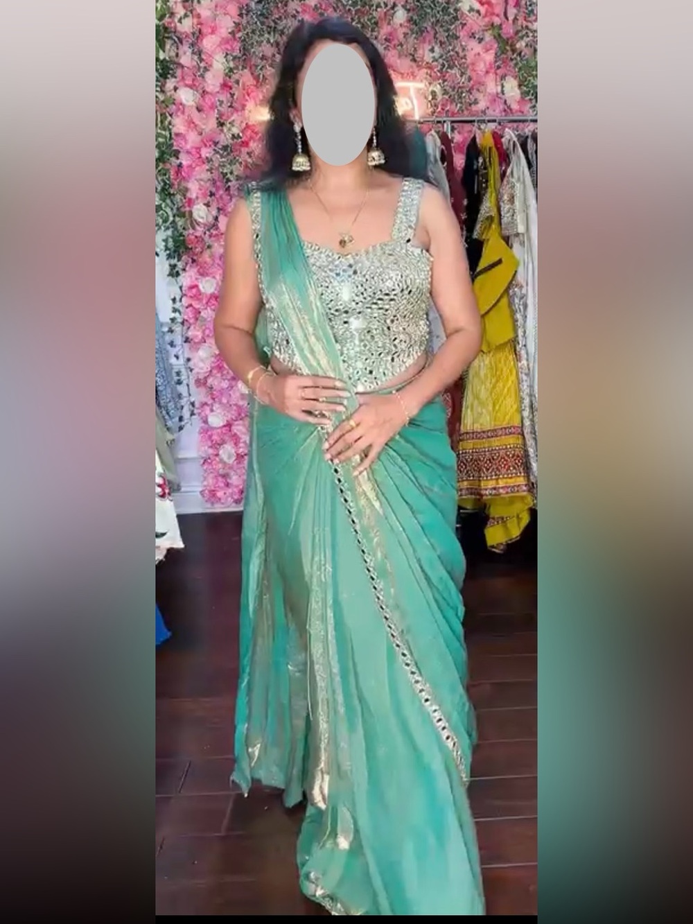 Embellished Green Saree with Mirror-Work Corset Blouse